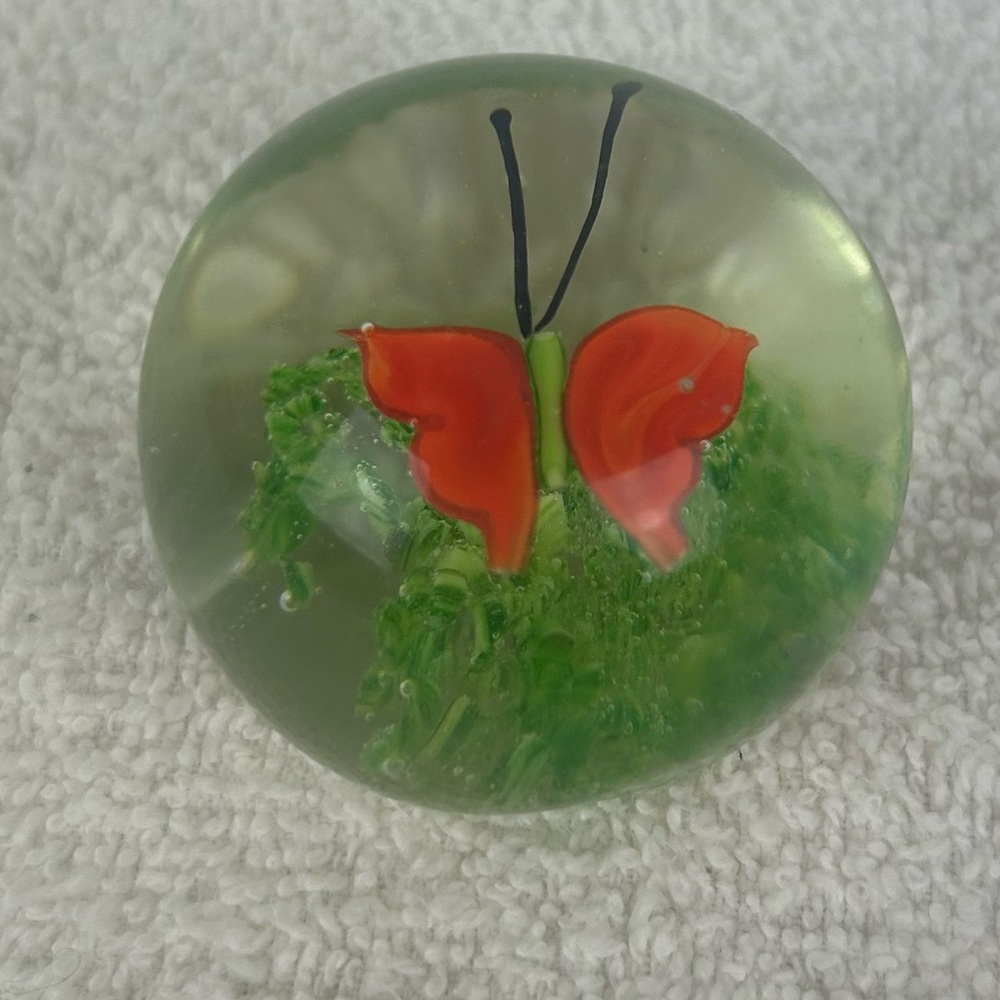 VTG Glass Paperweight with Orange Butterfly